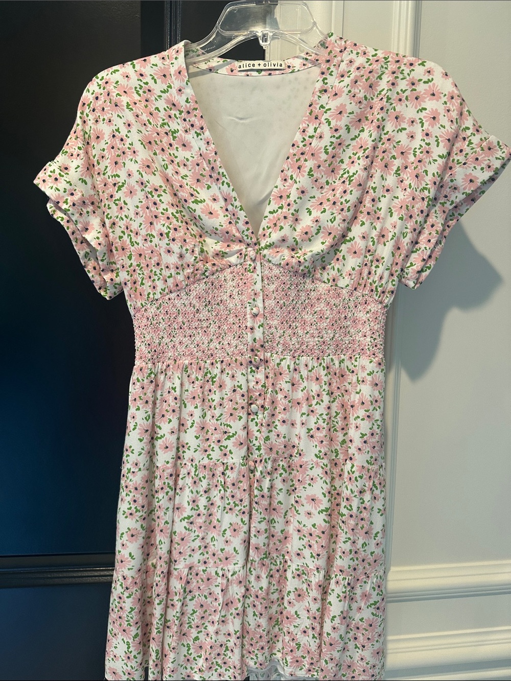 Alice + Olivia Pink and Green Floral Smocked Midi Dress XS